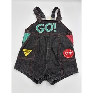 VTG Road Sign Black Denim Shortalls Sz 24 Months Overalls GO STOP YIELD Papertag